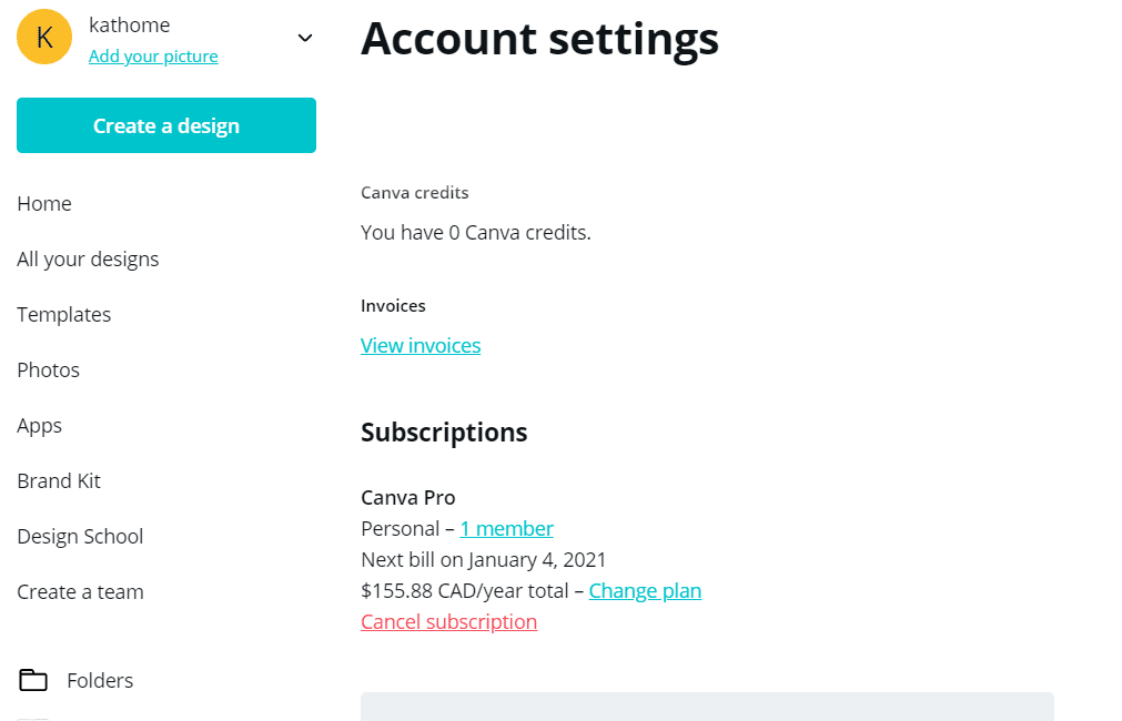 canva pro subscription screenshot