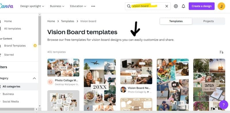 vision board canva text to image