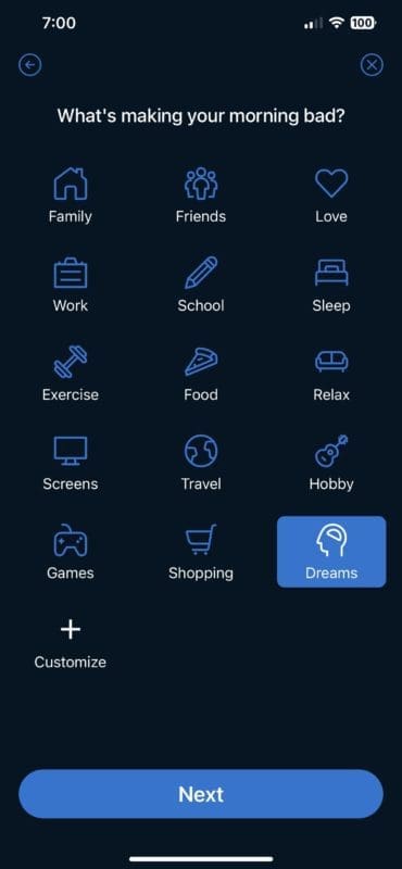 Clarity app options for 'what's making your morning bad'. 